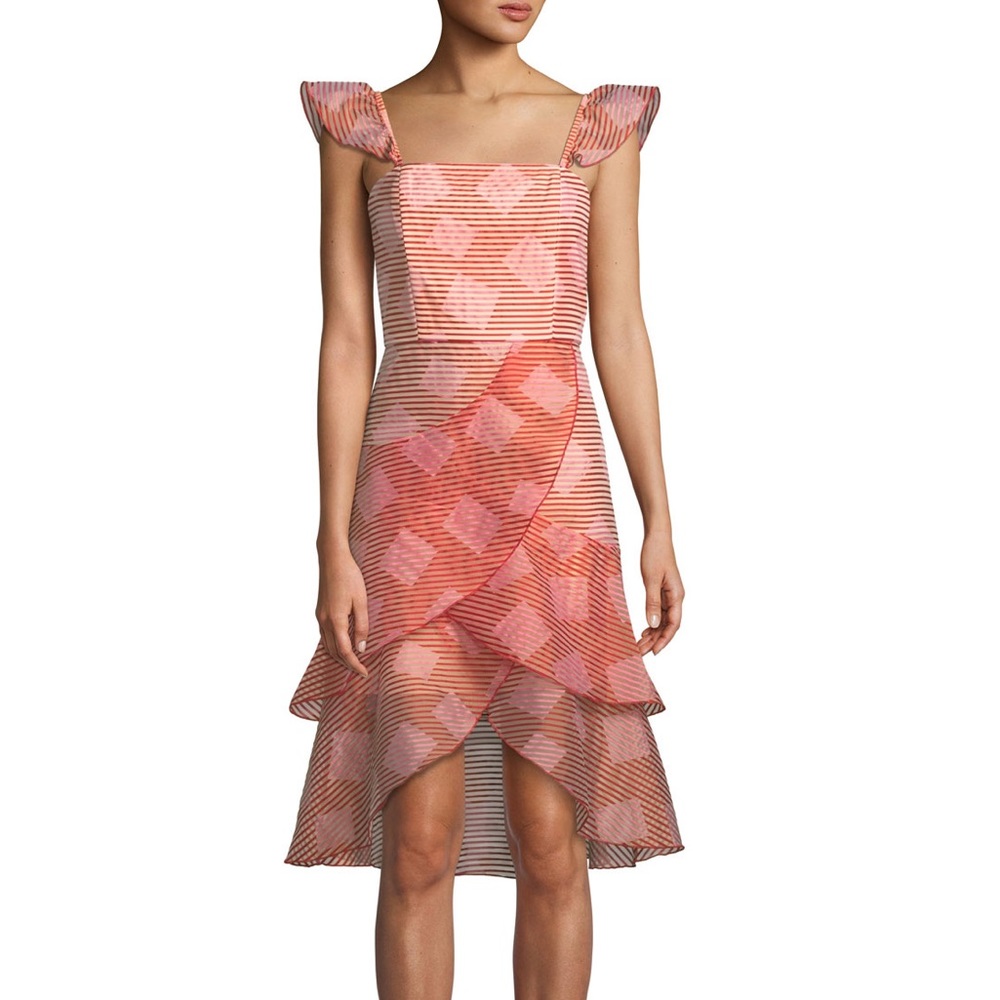 Alice + Olivia Angelita Striped Ruffle Asymmetric Midi Dress